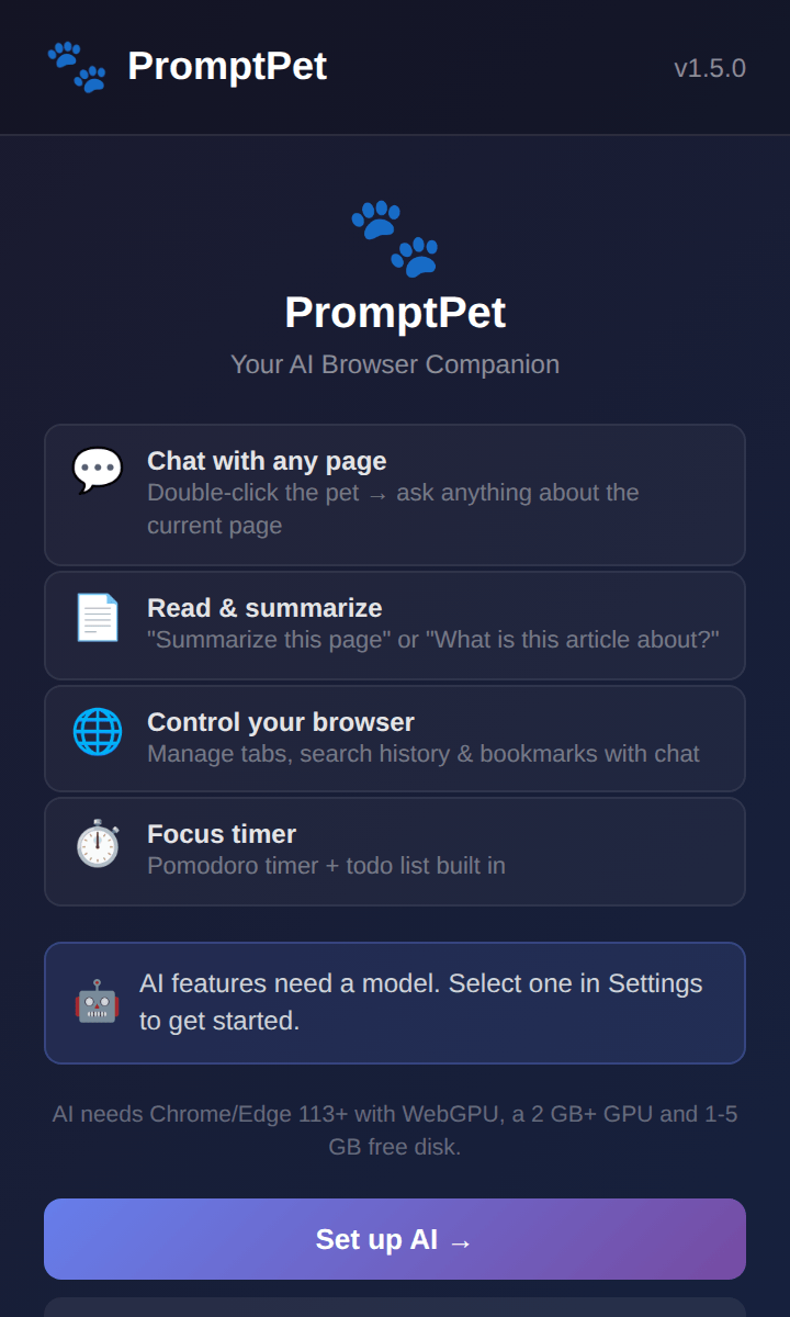 The first-run screen listing chat, page reading, browser control and focus timer