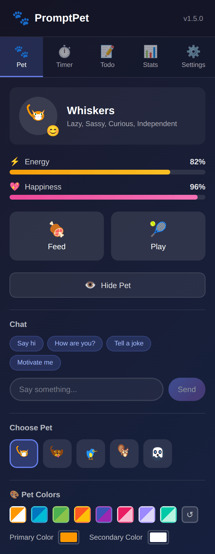 The pet panel showing energy, happiness, feed and play buttons and colour presets