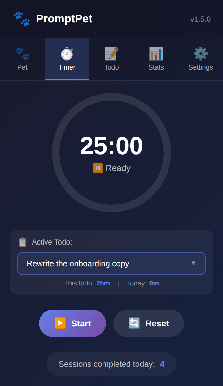 The focus timer counting down with the active task below it