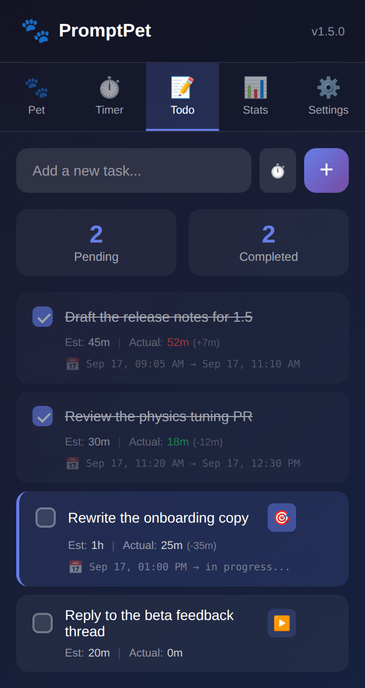 The todo list showing estimated versus actual time