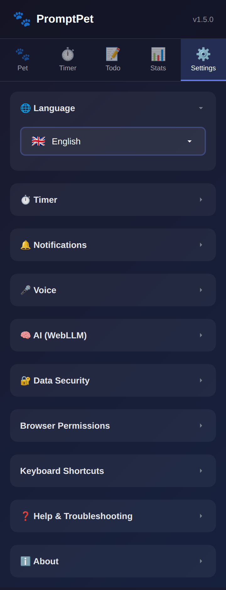 The settings tab listing language, timer, notifications, voice, AI and data security